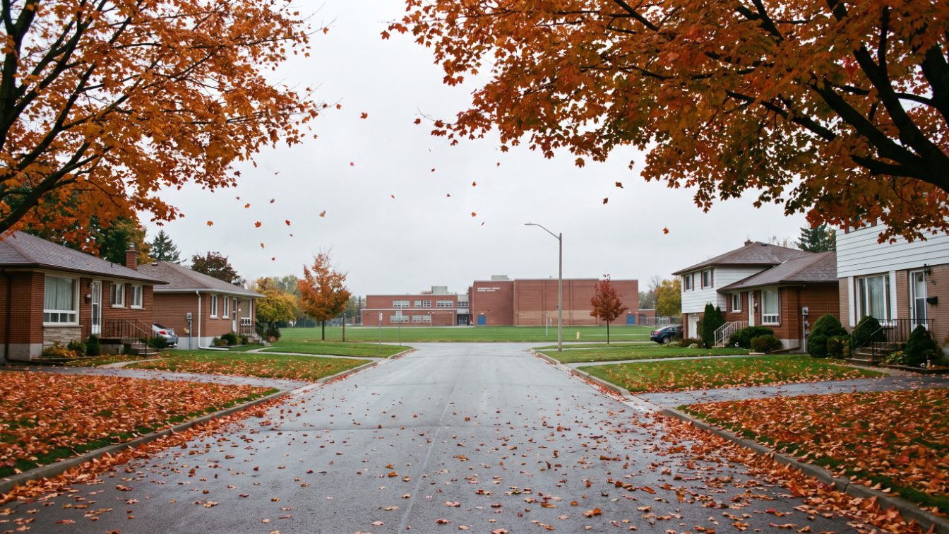 Suburban Scarborough-style street with brick bungalows and a generic high school and sports field in autumn (illustrative)