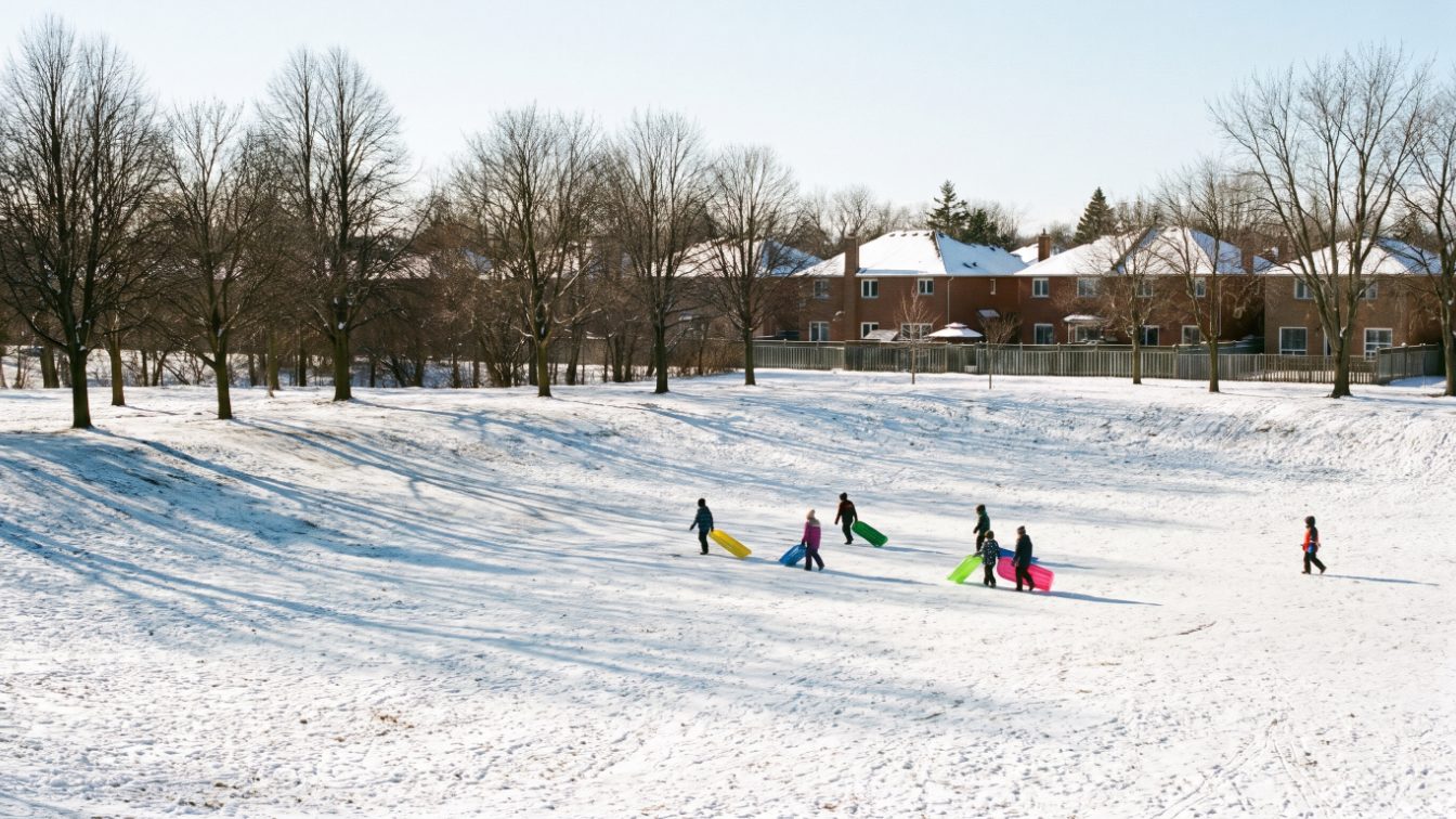 Snow-covered park hill with distant sledders and houses beyond on a bright winter day (illustrative)