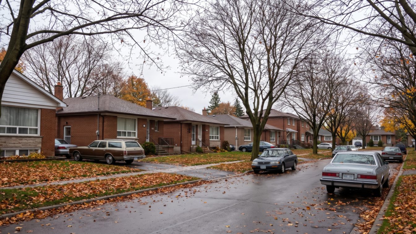 Autumn street of brick bungalows and semi-detached houses in an east Toronto suburb (illustrative)