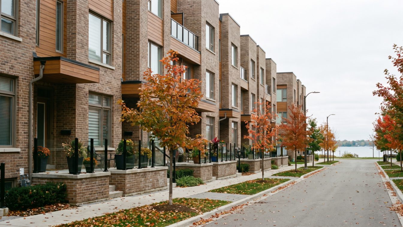 Row of modern three-storey brick townhouses on a quiet lane in autumn (illustrative)