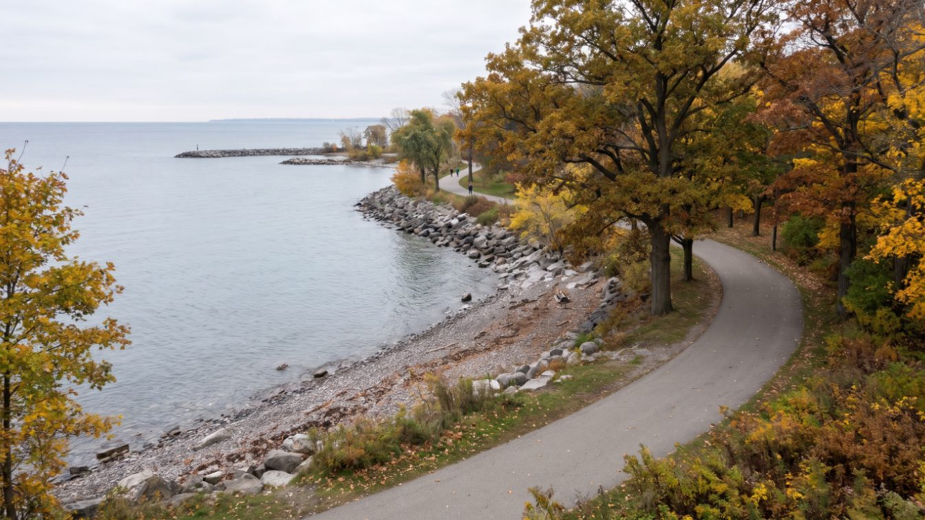 Lakeside path and pebble beach in a Lake Ontario waterfront park in autumn (illustrative)