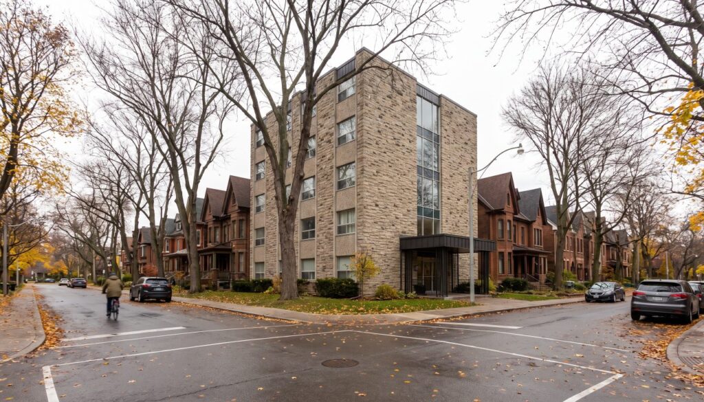 Mid-rise stone and glass condo building on a tree-lined Toronto street in autumn (illustrative)