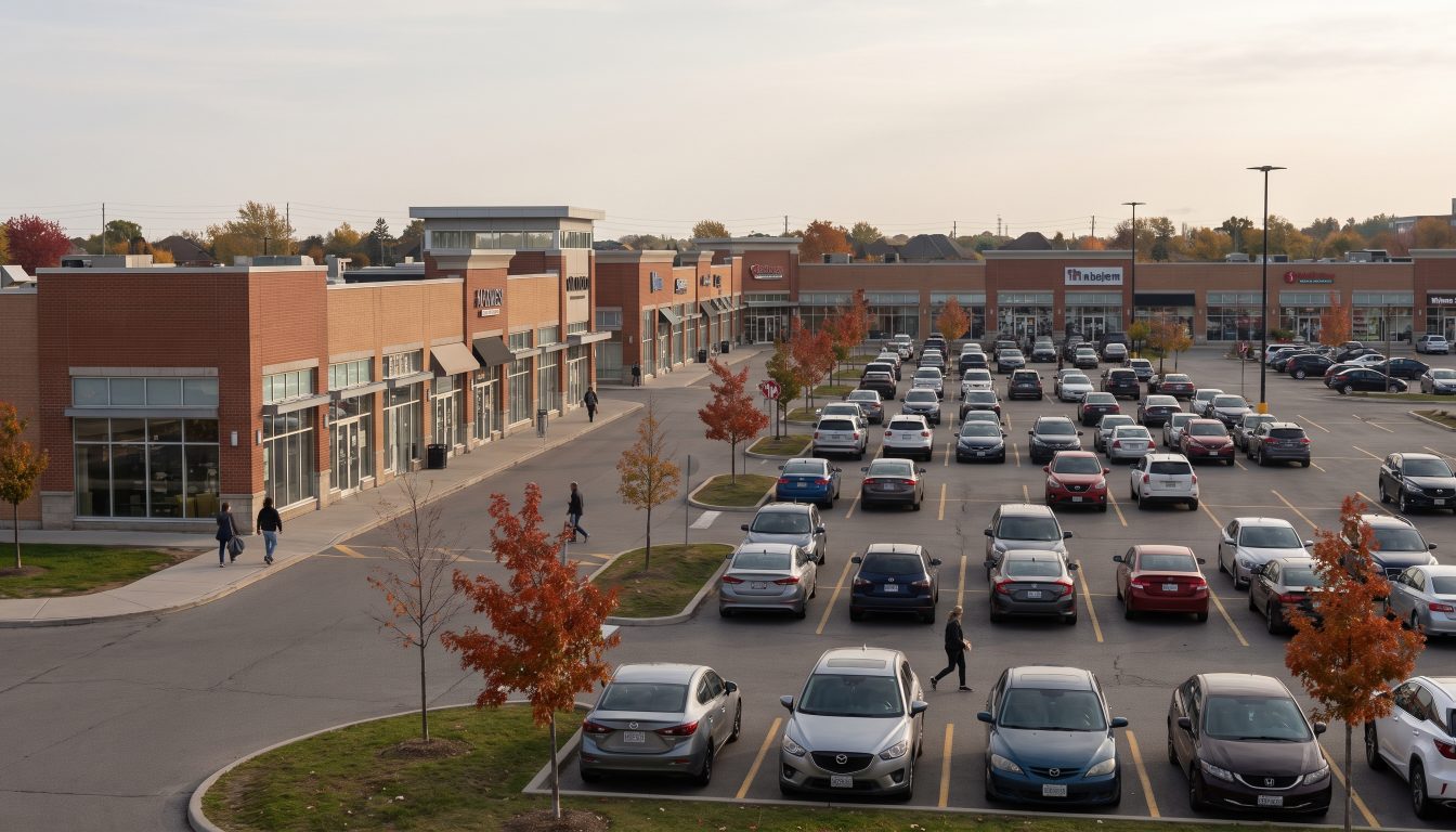 Open-air suburban shopping plaza in Vaughan on an autumn afternoon (illustrative)