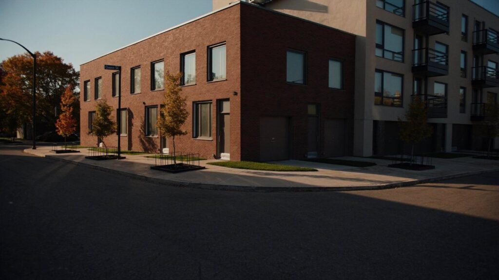 A row of brick freehold townhouses beside a mid-rise condominium building on a quiet GTA street (illustrative)
